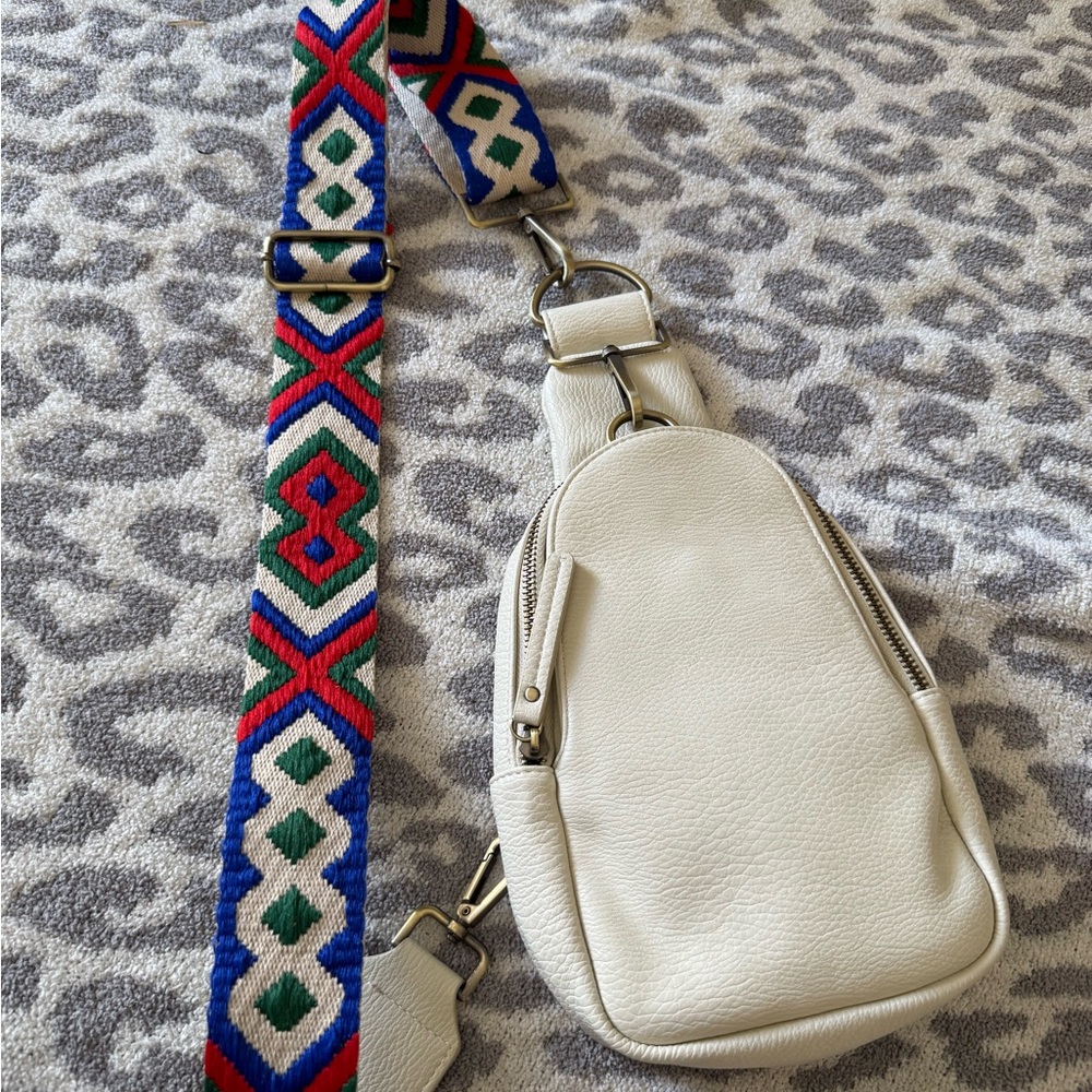 Anthropologie Cream Crossbody Bag with Colorful Guitar Strap